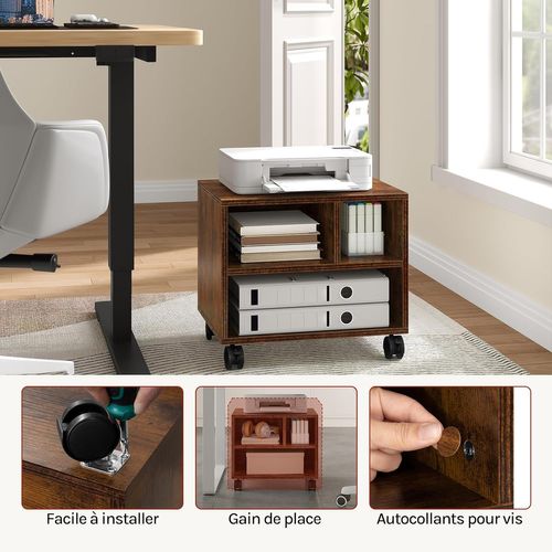 Caisson De Bureau Sur Roulettes, Meuble De Rangement Avec 3 Compartiments,40x30x35cm,Marron Rustique