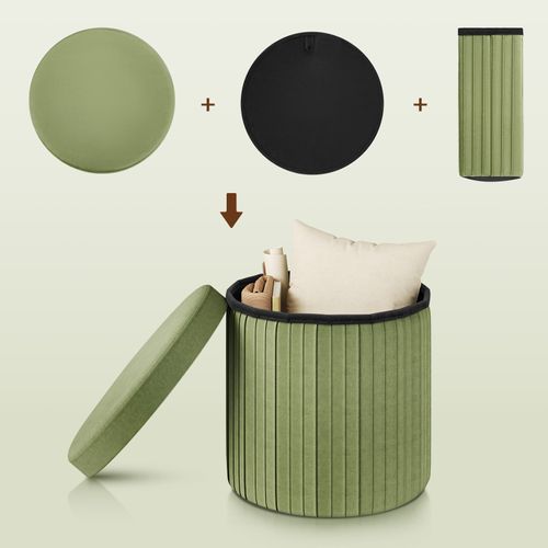 Pouf Rond Avec Rangement, Tabouret Pliable, Avec Couvercle Rembourré, En Velours,mdf,ø38xh36cm,vert