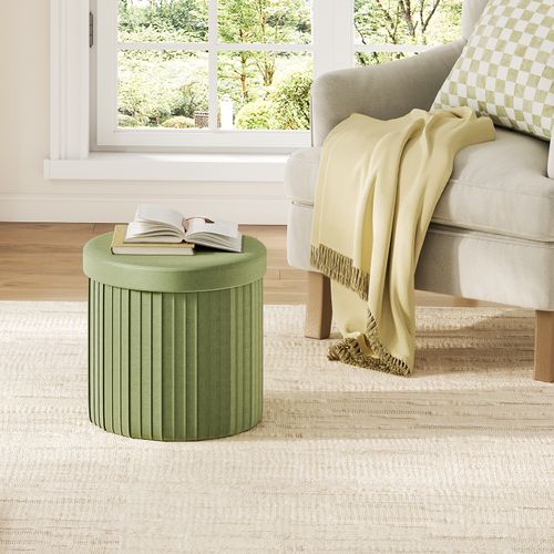Pouf Rond Avec Rangement, Tabouret Pliable, Avec Couvercle Rembourré, En Velours,mdf,ø38xh36cm,vert