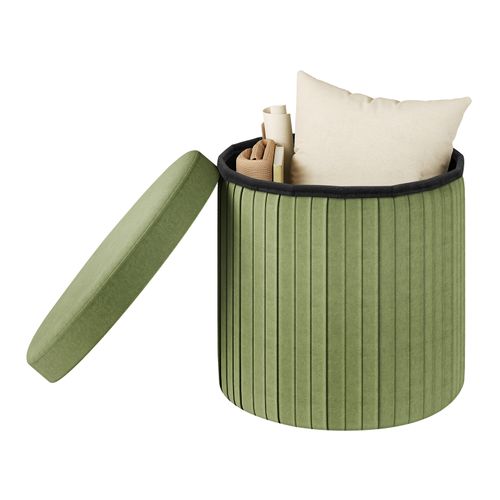 Pouf Rond Avec Rangement, Tabouret Pliable, Avec Couvercle Rembourré, En Velours,mdf,ø38xh36cm,vert
