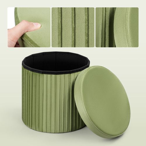 Pouf Rond Avec Rangement, Tabouret Pliable, Avec Couvercle Rembourré, En Velours,mdf,ø38xh36cm,vert