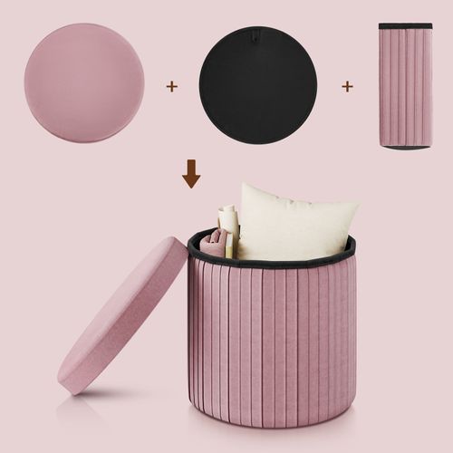 Pouf Rond Avec Rangement, Tabouret Pliable, Avec Couvercle Rembourré, En Velours,mdf,ø38xh36cm,rose
