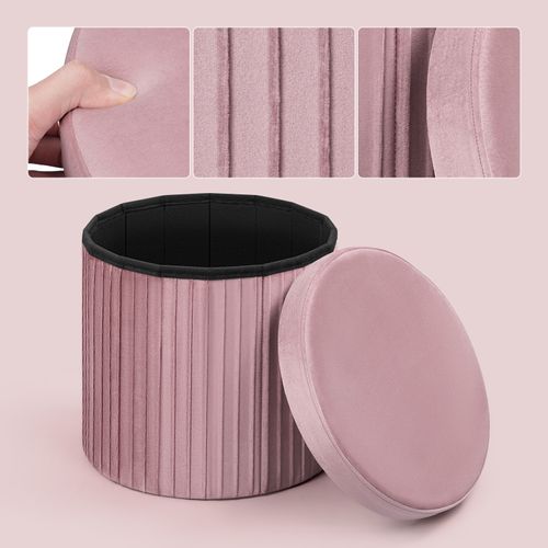Pouf Rond Avec Rangement, Tabouret Pliable, Avec Couvercle Rembourré, En Velours,mdf,ø38xh36cm,rose
