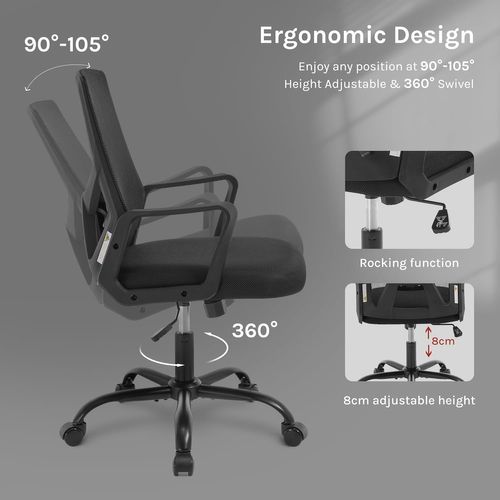 Chaise De Bureau Pivotante, Avec Dossier Rabattable En Maille Haute Élasticité, Noir