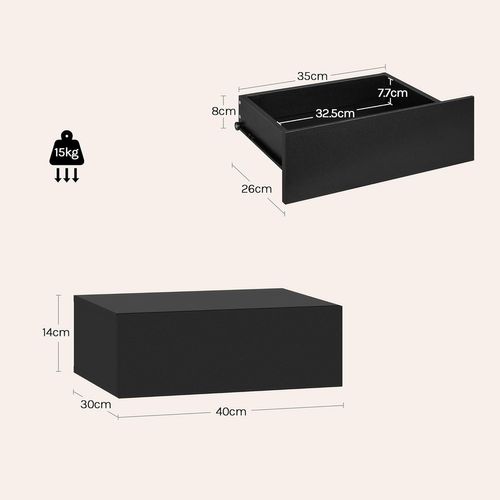 Lot De 2 Table De Chevet Flottante, Table De Nuit Murale Avec Tiroirs, En Bois, Noir