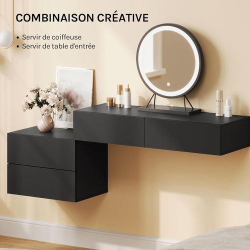 Lot De 2 Table De Chevet Flottante, Table De Nuit Murale Avec Tiroirs, En Bois, Noir