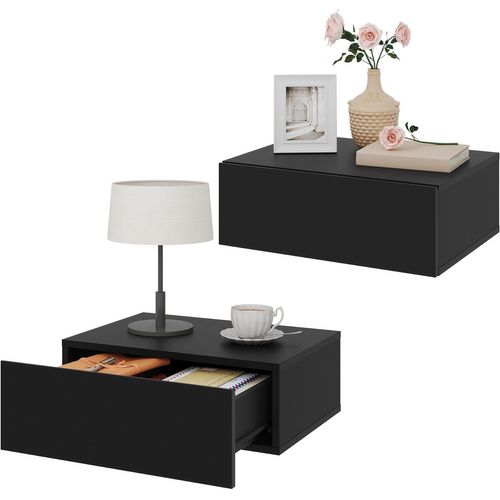 Lot De 2 Table De Chevet Flottante, Table De Nuit Murale Avec Tiroirs, En Bois, Noir