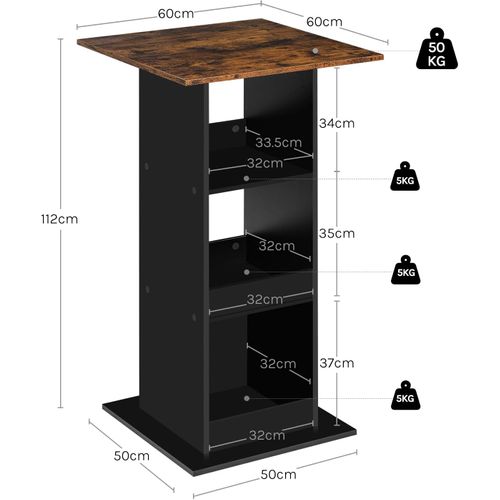 Table De Bar, Table De Cuisine Avec 3 Étagères, Bois Composite, Noir Et Marron Rustique, 60x60x112cm