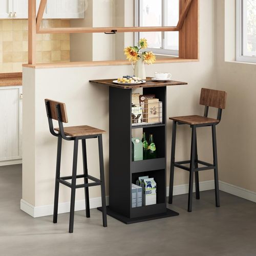 Table De Bar, Table De Cuisine Avec 3 Étagères, Bois Composite, Noir Et Marron Rustique, 60x60x112cm