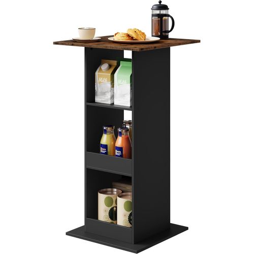 Table De Bar, Table De Cuisine Avec 3 Étagères, Bois Composite, Noir Et Marron Rustique, 60x60x112cm