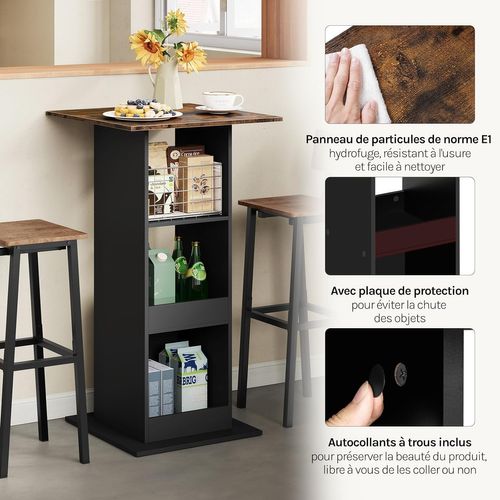 Table De Bar, Table De Cuisine Avec 3 Étagères, Bois Composite, Noir Et Marron Rustique, 60x60x112cm