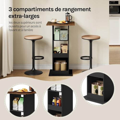 Table De Bar, Table De Cuisine Avec 3 Étagères, Bois Composite, Noir Et Marron Rustique, 60x60x112cm