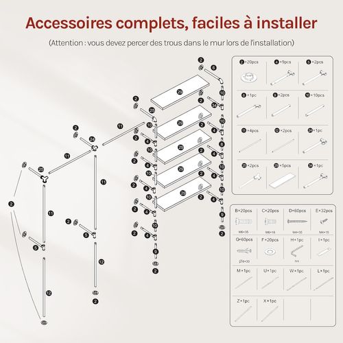 Penderie Murale, Portant à Vêtements, Avec 5 Étagères En Bois, 2 Tringles, Noir Et Marron Rustique