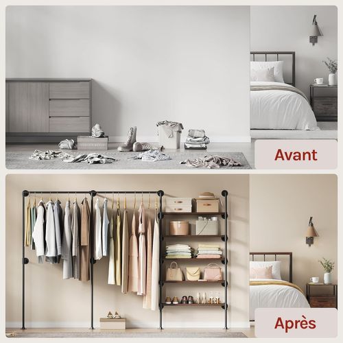 Penderie Murale, Portant à Vêtements, Avec 5 Étagères En Bois, 2 Tringles, Noir Et Marron Rustique