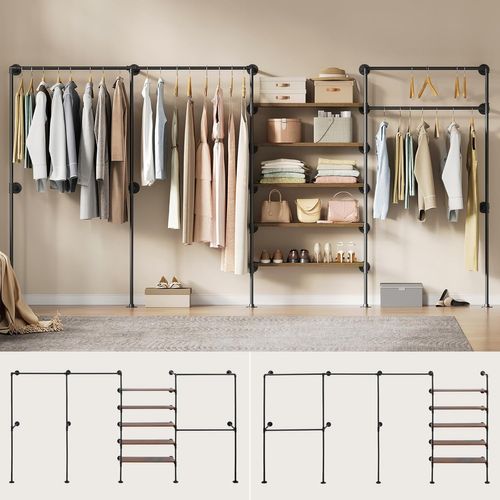 Penderie Murale, Portant à Vêtements, Dressing Mural, En Tube Métallique, Noir + Marron Rustique