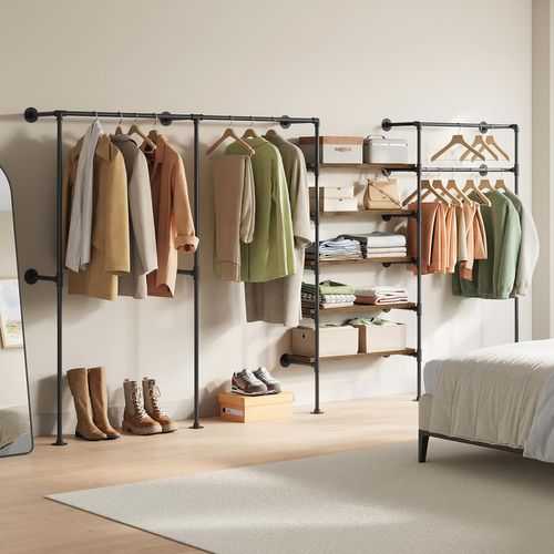 Penderie Murale, Portant à Vêtements, Dressing Mural, En Tube Métallique, Noir + Marron Rustique