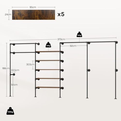 Penderie Murale, Portant à Vêtements, Dressing Mural, En Tube Métallique, Noir + Marron Rustique