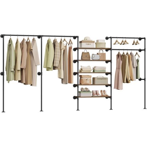 Penderie Murale, Portant à Vêtements, Dressing Mural, En Tube Métallique, Noir + Marron Rustique