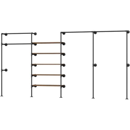 Penderie Murale, Portant à Vêtements, Dressing Mural, En Tube Métallique, Noir + Marron Rustique