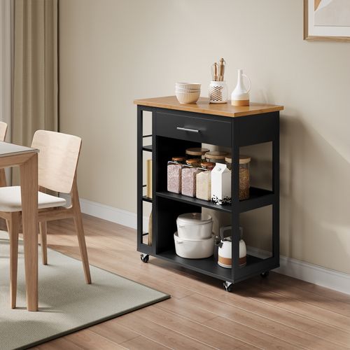 Desserte à Roulettes, Îlot De Cuisine,Avec Tiroir Et Étagères Ouvertes,73x38x88cm,Effet Bambou+Noir