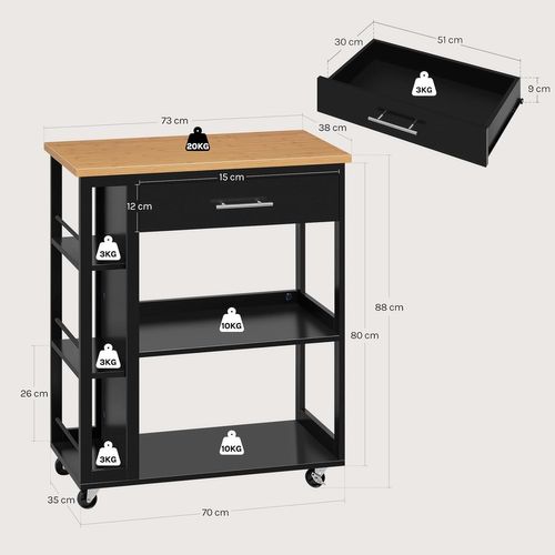 Desserte à Roulettes, Îlot De Cuisine,Avec Tiroir Et Étagères Ouvertes,73x38x88cm,Effet Bambou+Noir