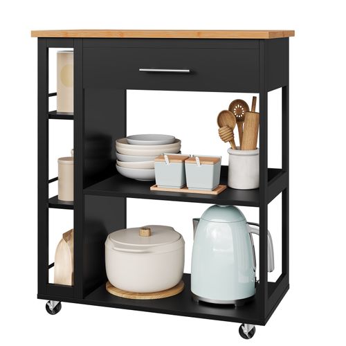 Desserte à Roulettes, Îlot De Cuisine,Avec Tiroir Et Étagères Ouvertes,73x38x88cm,Effet Bambou+Noir