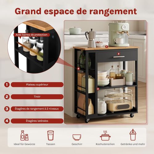 Desserte à Roulettes, Îlot De Cuisine,Avec Tiroir Et Étagères Ouvertes,73x38x88cm,Effet Bambou+Noir