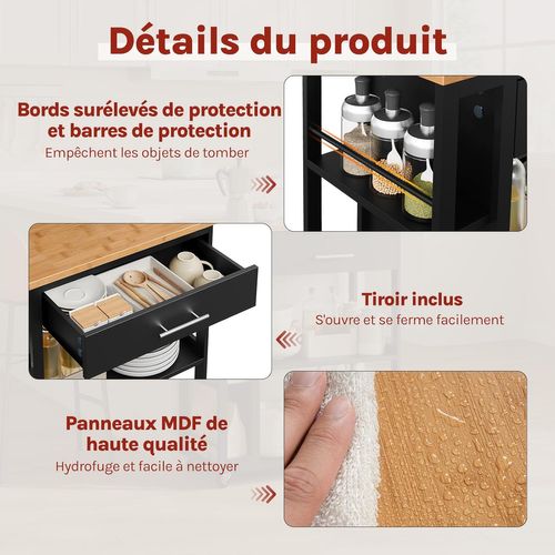 Desserte à Roulettes, Îlot De Cuisine,Avec Tiroir Et Étagères Ouvertes,73x38x88cm,Effet Bambou+Noir