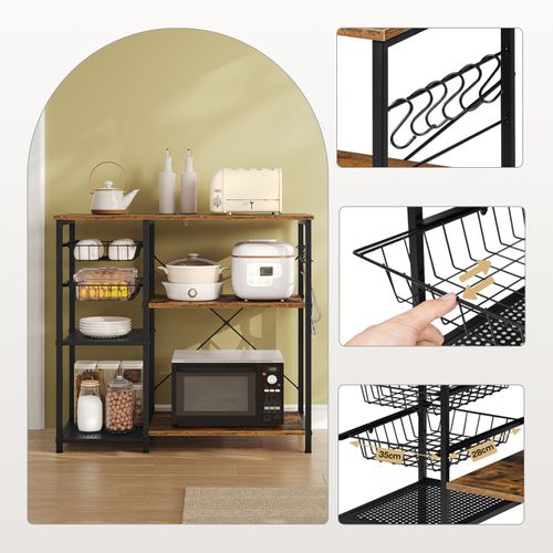 Étagère Cuisine Avec Paniers Coulissants, 5 Crochets, Support, 90x40x82cm, Marron Rustique+Noir