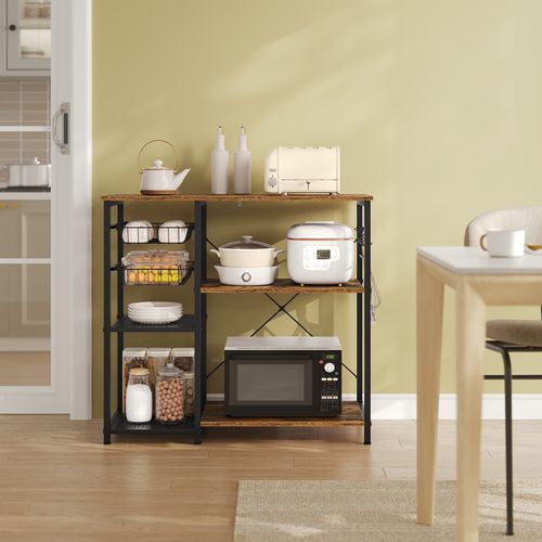 Étagère Cuisine Avec Paniers Coulissants, 5 Crochets, Support, 90x40x82cm, Marron Rustique+Noir