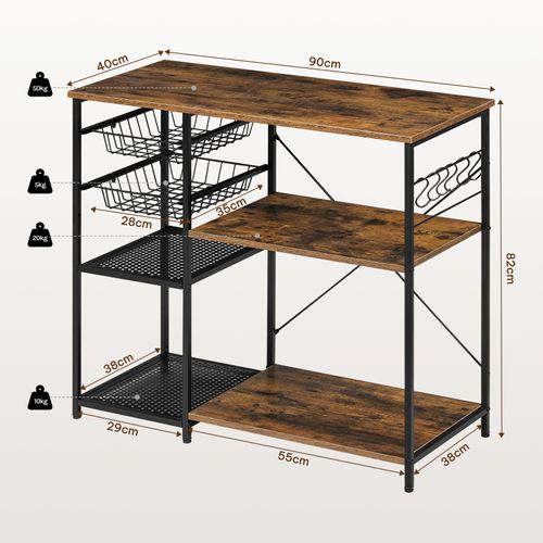 Étagère Cuisine Avec Paniers Coulissants, 5 Crochets, Support, 90x40x82cm, Marron Rustique+Noir
