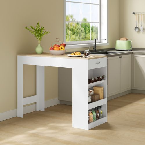 Table De Bar,Table Haute Cuisine,1 Tiroir, 3 Compartiments Ouverts,en Bois D'ingénierie,Chêne Clair