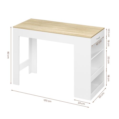 Table De Bar,Table Haute Cuisine,1 Tiroir, 3 Compartiments Ouverts,en Bois D'ingénierie,Chêne Clair