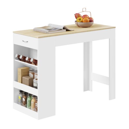 Table De Bar,Table Haute Cuisine,1 Tiroir, 3 Compartiments Ouverts,en Bois D'ingénierie,Chêne Clair