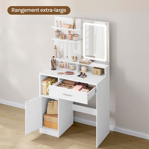 Coiffeuse Avec Miroir LED, Placard Et 3 Casiers Ouverts, En Bois D'ingénierie, 80x40x140cm, Blanc