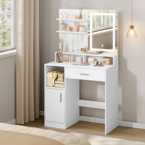Coiffeuse Avec Miroir LED, Placard Et 3 Casiers Ouverts, En Bois D'ingénierie, 80x40x140cm, Blanc