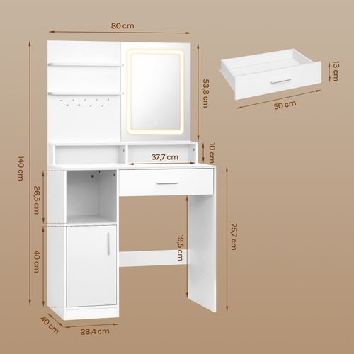 Coiffeuse Avec Miroir LED, Placard Et 3 Casiers Ouverts, En Bois D'ingénierie, 80x40x140cm, Blanc