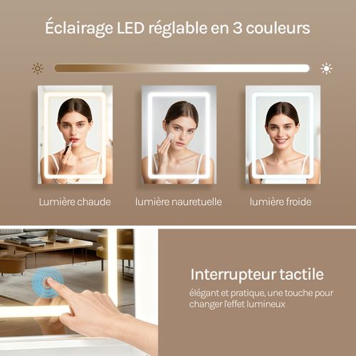 Coiffeuse Avec Miroir LED, Placard Et 3 Casiers Ouverts, En Bois D'ingénierie, 80x40x140cm, Blanc