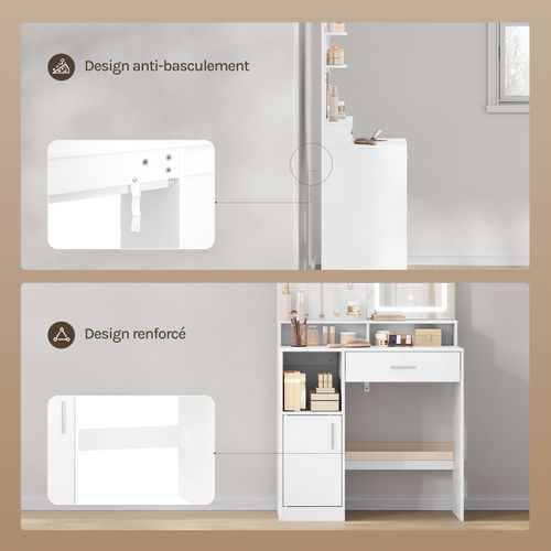 Coiffeuse Avec Miroir LED, Placard Et 3 Casiers Ouverts, En Bois D'ingénierie, 80x40x140cm, Blanc