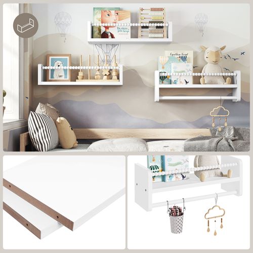 Lot De 3 Étagère Murale Pour Enfant, En Bois Massif, 40cm, Avec Perles En Bois, Blanc