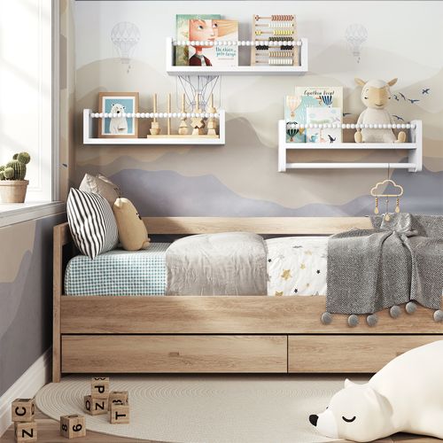 Lot De 3 Étagère Murale Pour Enfant, En Bois Massif, 40cm, Avec Perles En Bois, Blanc