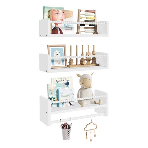Lot De 3 Étagère Murale Pour Enfant, En Bois Massif, 40cm, Avec Perles En Bois, Blanc