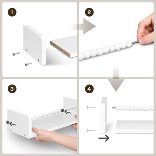 Lot De 3 Étagère Murale Pour Enfant, En Bois Massif, 40cm, Avec Perles En Bois, Blanc