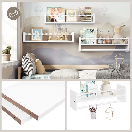 Lot De 3 Étagère Murale Pour Enfant, En Bois Massif, 50cm, Avec Perles En Bois, Blanc