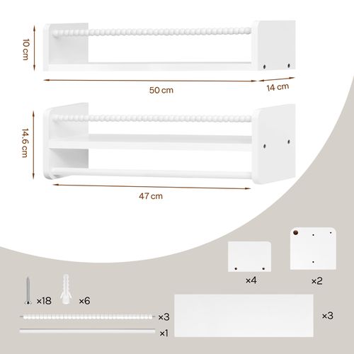 Lot De 3 Étagère Murale Pour Enfant, En Bois Massif, 50cm, Avec Perles En Bois, Blanc