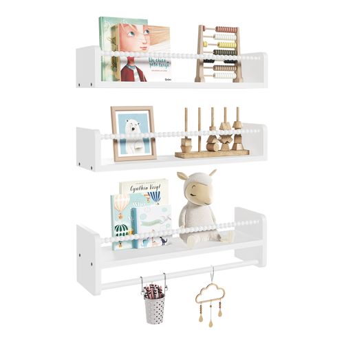 Lot De 3 Étagère Murale Pour Enfant, En Bois Massif, 50cm, Avec Perles En Bois, Blanc