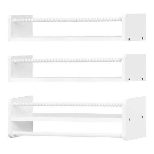 Lot De 3 Étagère Murale Pour Enfant, En Bois Massif, 50cm, Avec Perles En Bois, Blanc