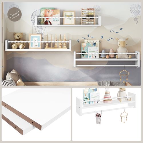 Lot De 3 Étagère Murale Pour Enfant, En Bois Massif, 60cm, Avec Perles En Bois, Blanc