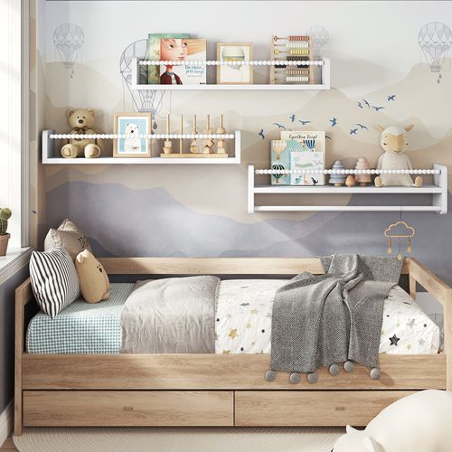 Lot De 3 Étagère Murale Pour Enfant, En Bois Massif, 60cm, Avec Perles En Bois, Blanc