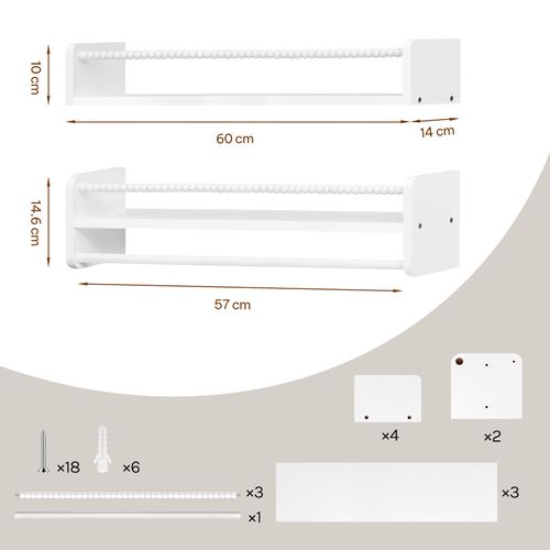 Lot De 3 Étagère Murale Pour Enfant, En Bois Massif, 60cm, Avec Perles En Bois, Blanc